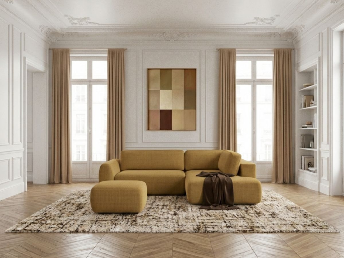Canapé angle L convertible coffre DENISE texturé avec pouf jaune — vue 4