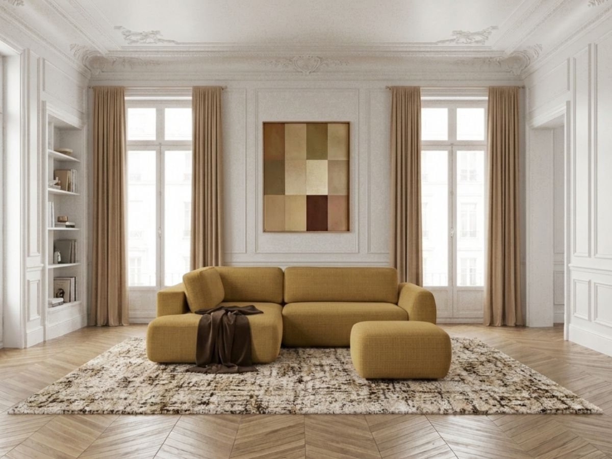Sofa Moduł narożny L rozkładany z pojemnikiem DENISE tkanina strukturalna z pufą