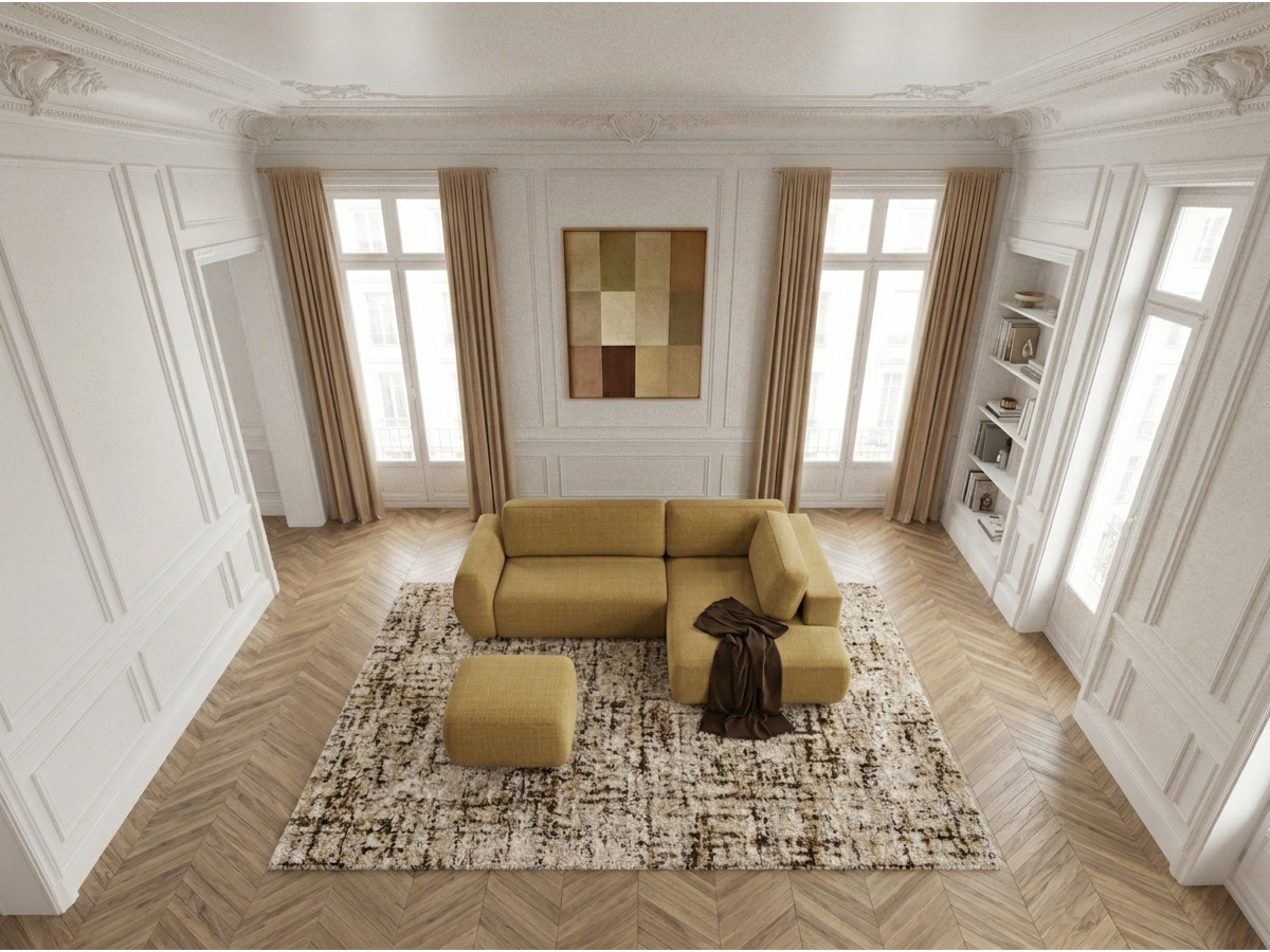 Canapé angle L convertible coffre DENISE texturé avec pouf jaune — vue 6