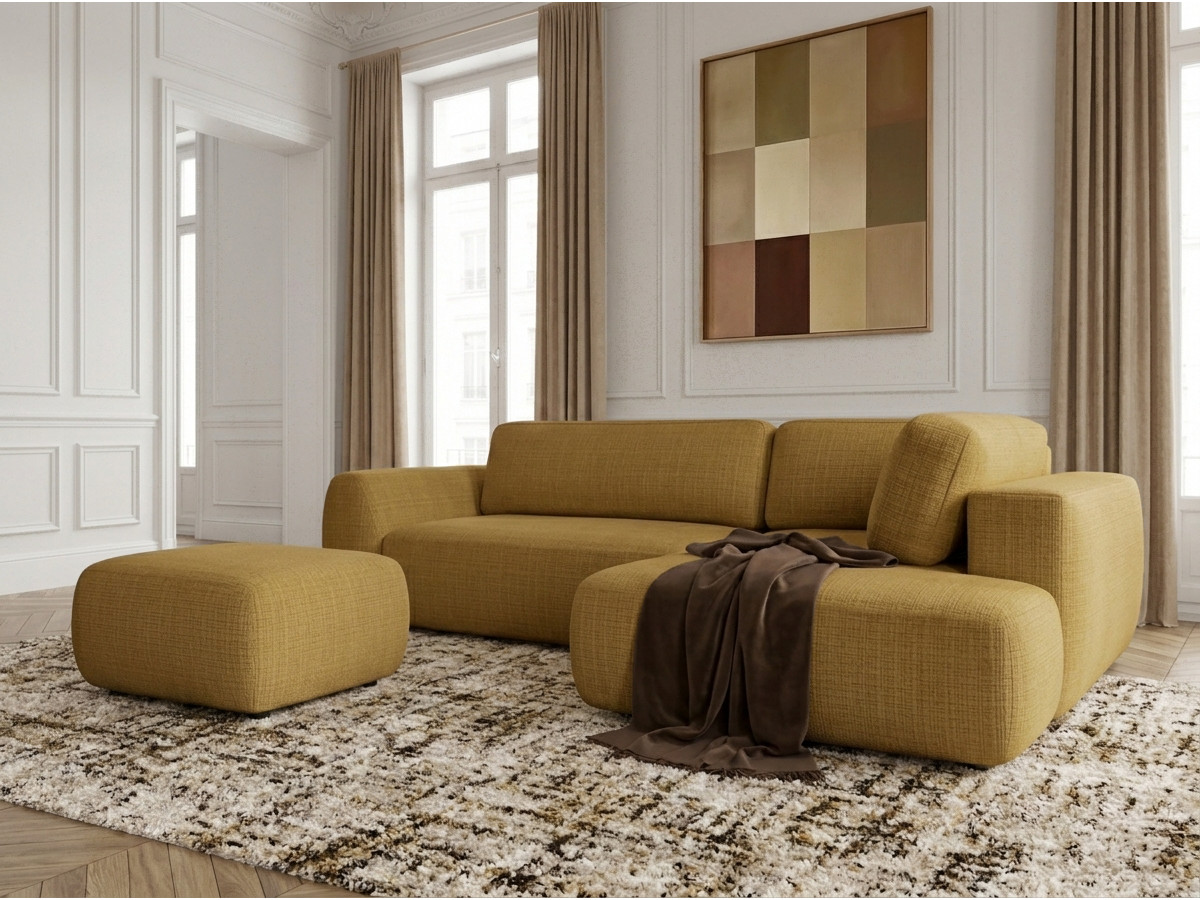Canapé angle L convertible coffre DENISE texturé avec pouf jaune