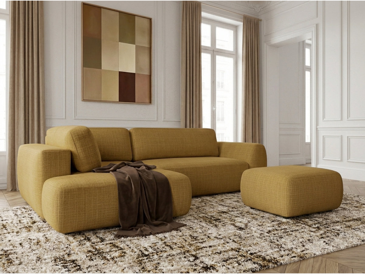 Canapé angle L convertible coffre DENISE tissu texturé avec pouf jaune angle gauche BOBOCHIC 4 places