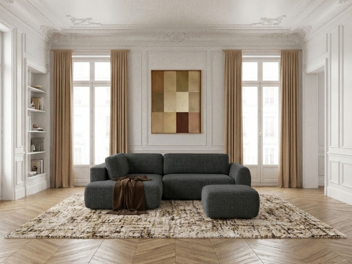 Sofa Moduł narożny L rozkładany z pojemnikiem DENISE tkanina strukturalna z pufą