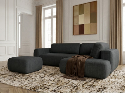 Canapé angle L convertible coffre DENISE tissu texturé avec pouf
