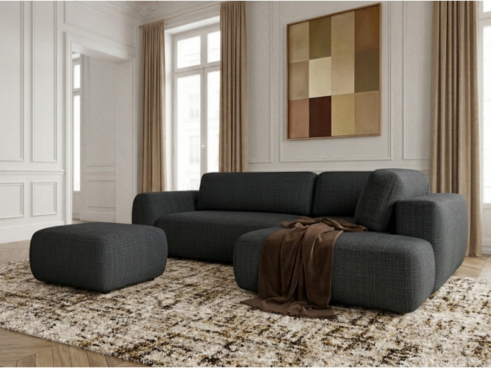 Canapé angle L convertible coffre DENISE tissu texturé avec pouf