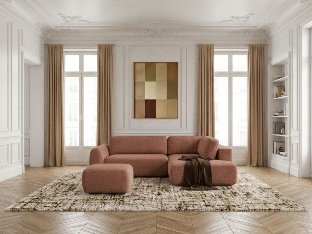 Canapé angle L convertible coffre DENISE texturé avec pouf orange — vue 4