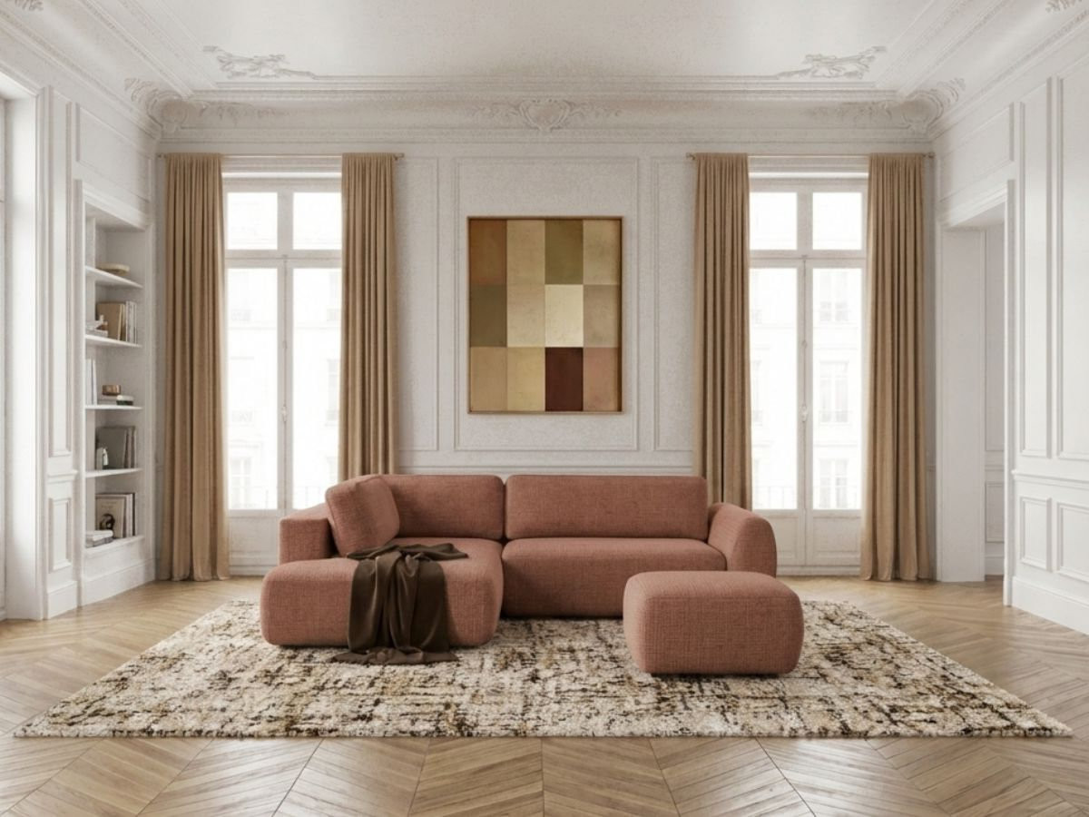 Sofa Moduł narożny L rozkładany z pojemnikiem DENISE tkanina strukturalna z pufą