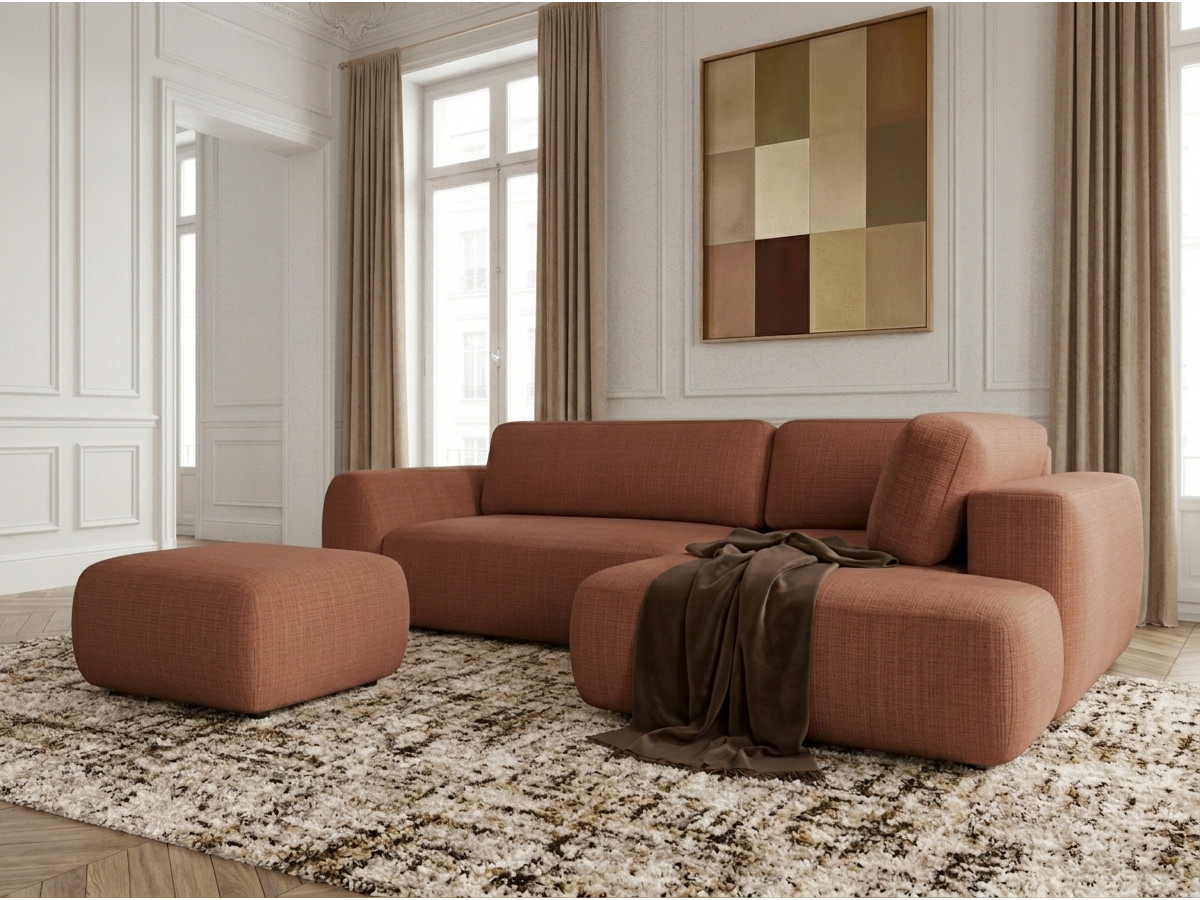 Canapé angle L convertible coffre DENISE texturé avec pouf orange