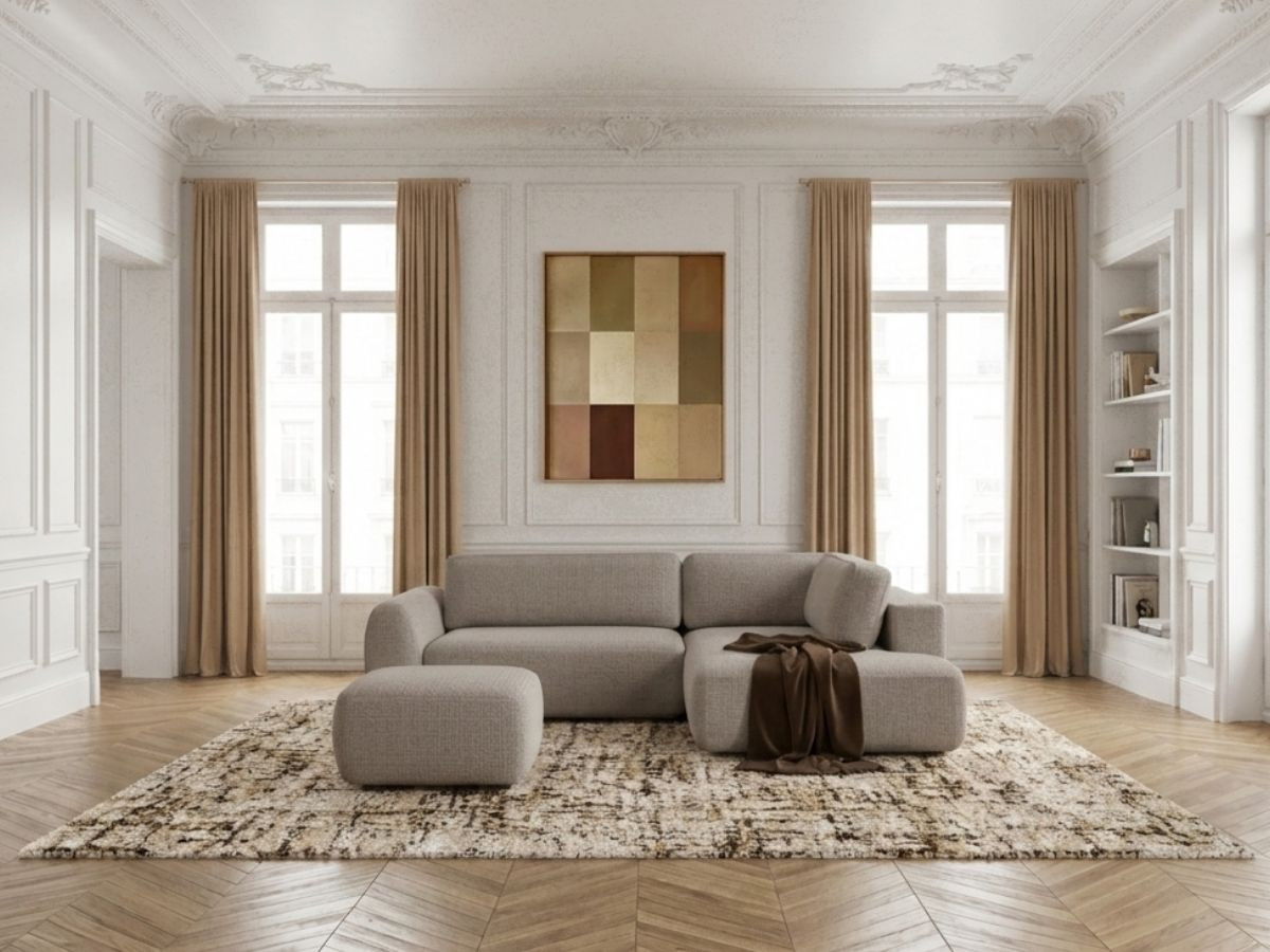 Canapé angle L convertible coffre DENISE texturé avec pouf taupe — vue 4