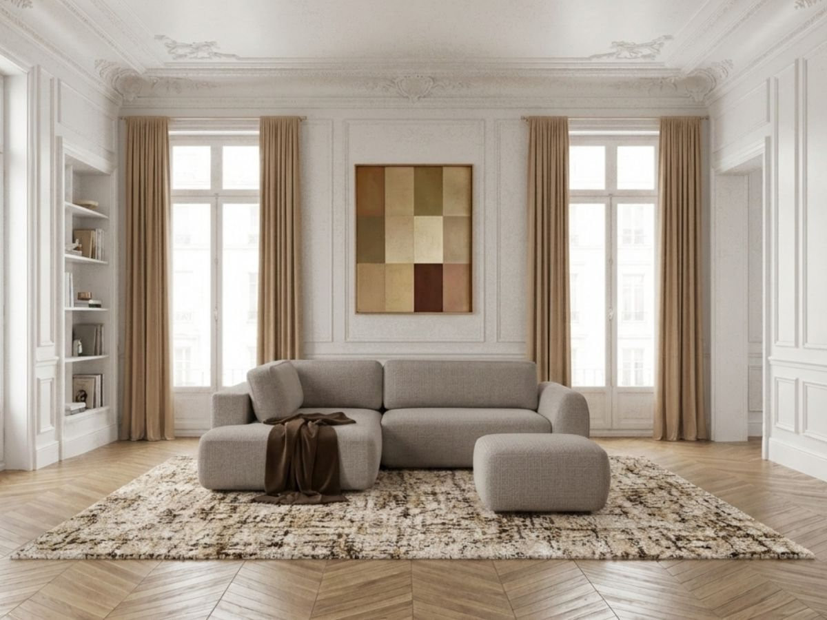 Sofa Moduł narożny L rozkładany z pojemnikiem DENISE tkanina strukturalna z pufą