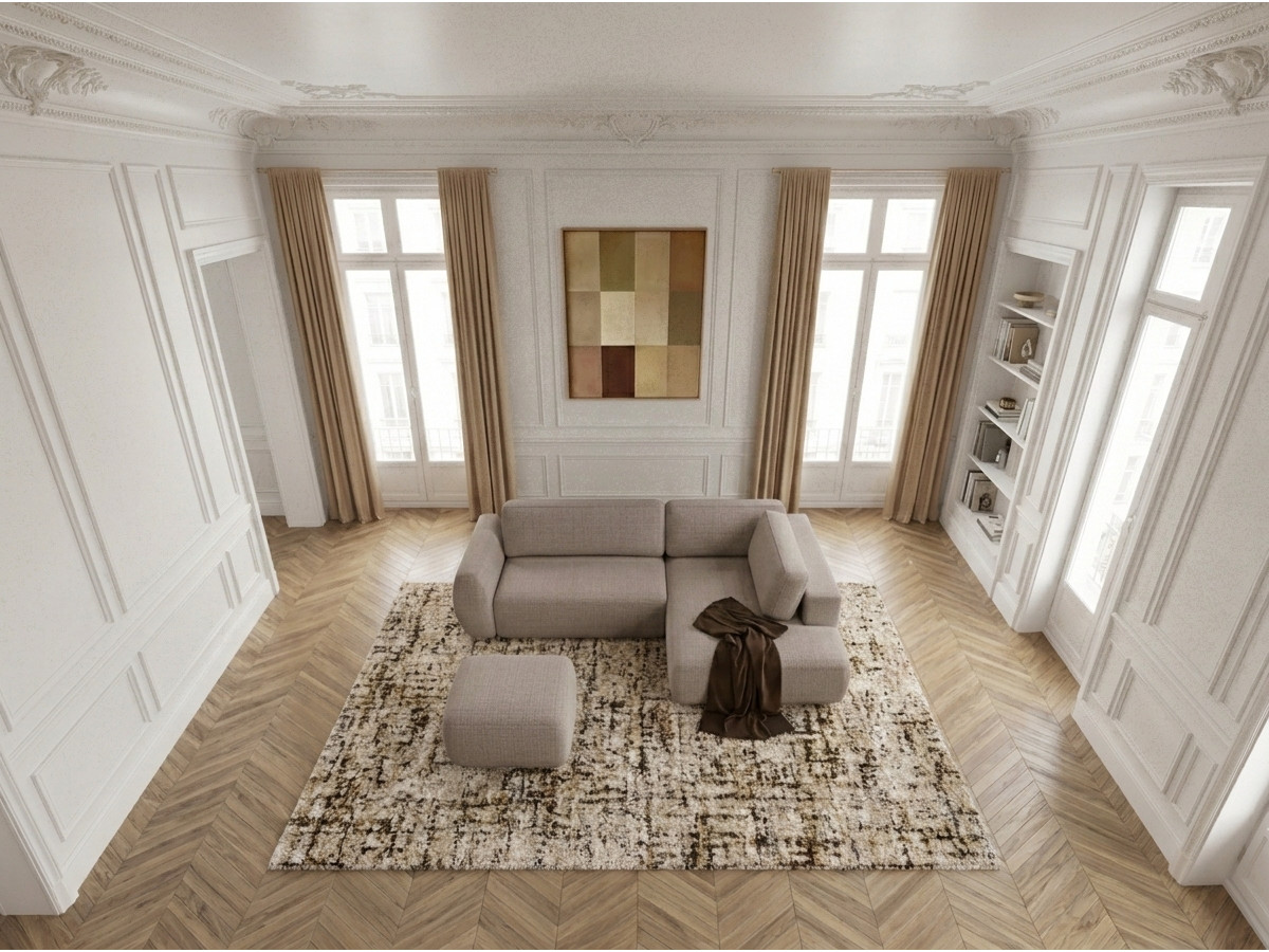 Canapé angle L convertible coffre DENISE texturé avec pouf taupe — vue 6