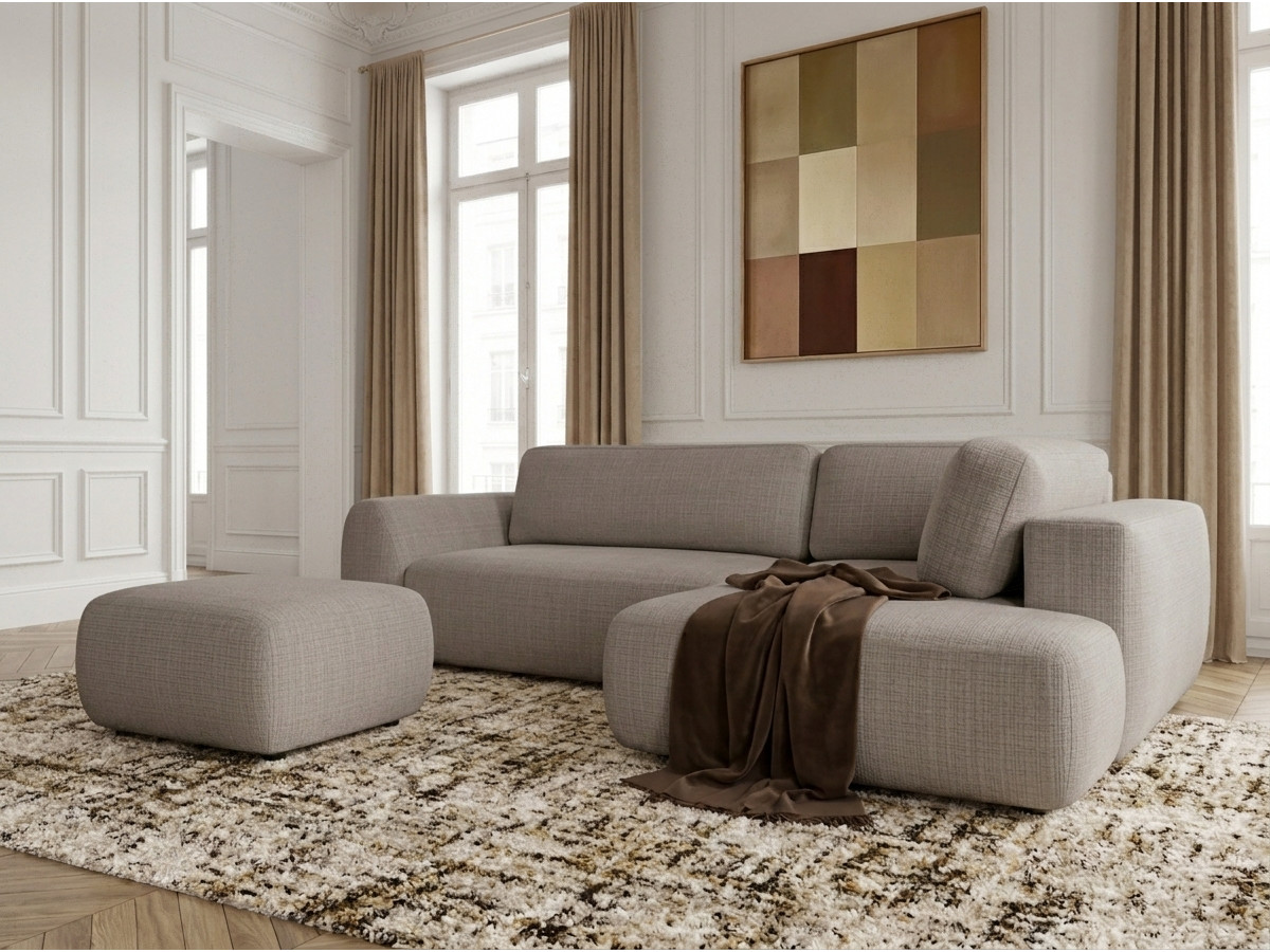 Canapé angle L convertible coffre DENISE texturé avec pouf taupe