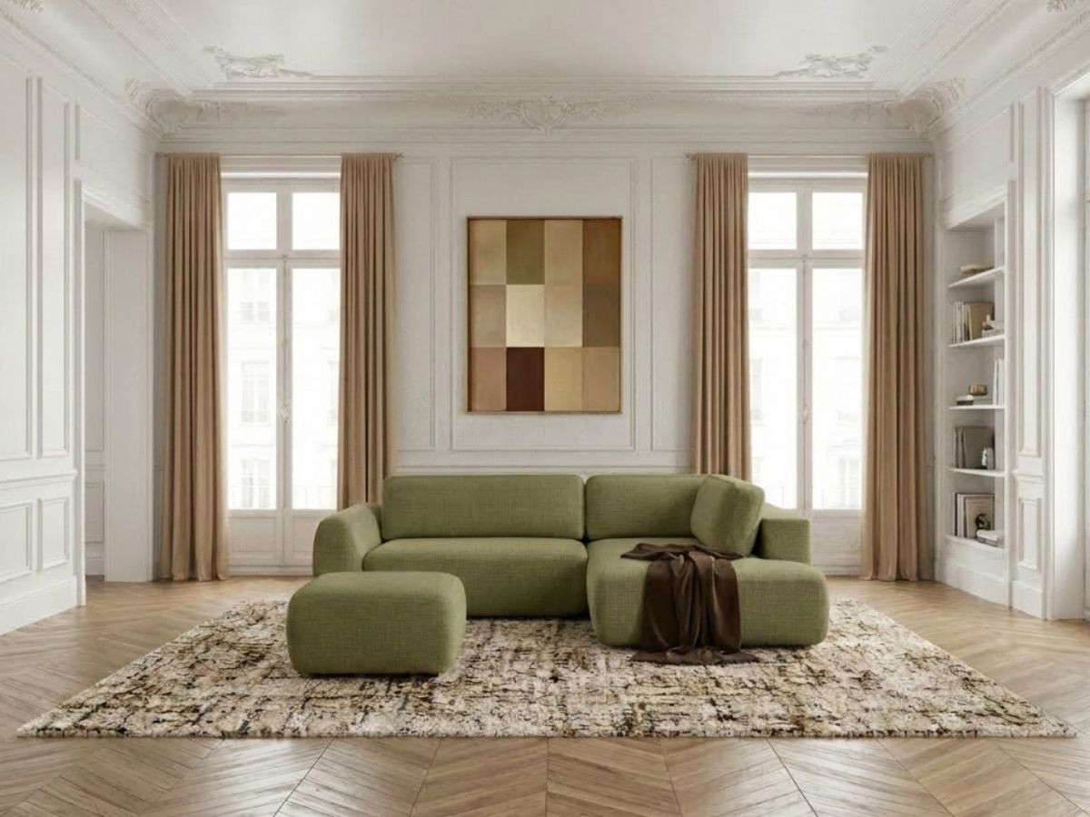 Canapé angle L convertible coffre DENISE texturé avec pouf vert — vue 4