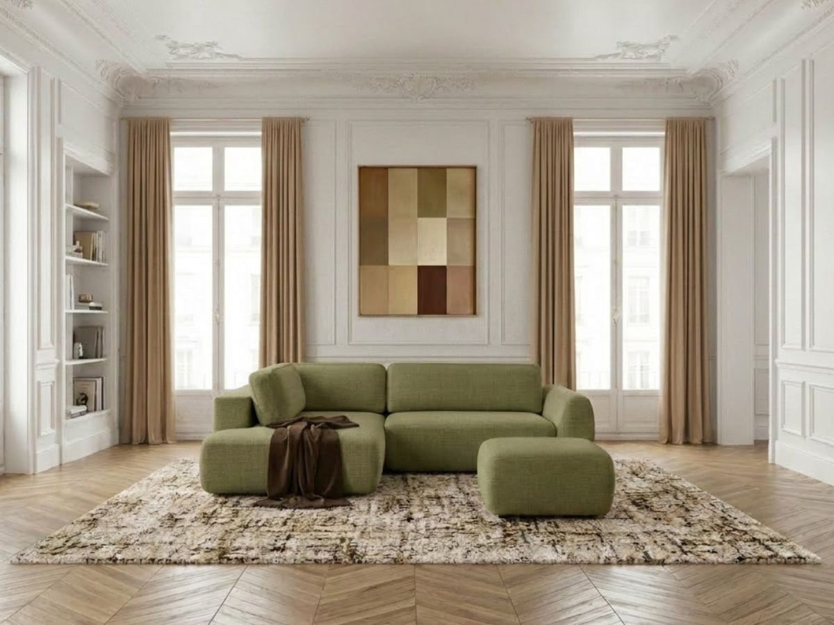 Sofa Moduł narożny L rozkładany z pojemnikiem DENISE tkanina strukturalna z pufą