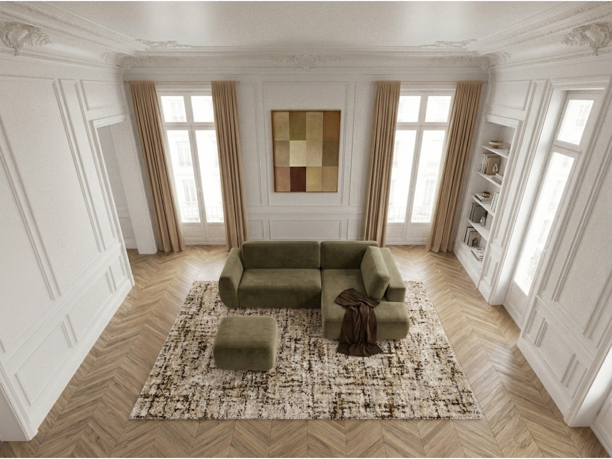 Canapé angle L convertible coffre DENISE texturé avec pouf vert — vue 6