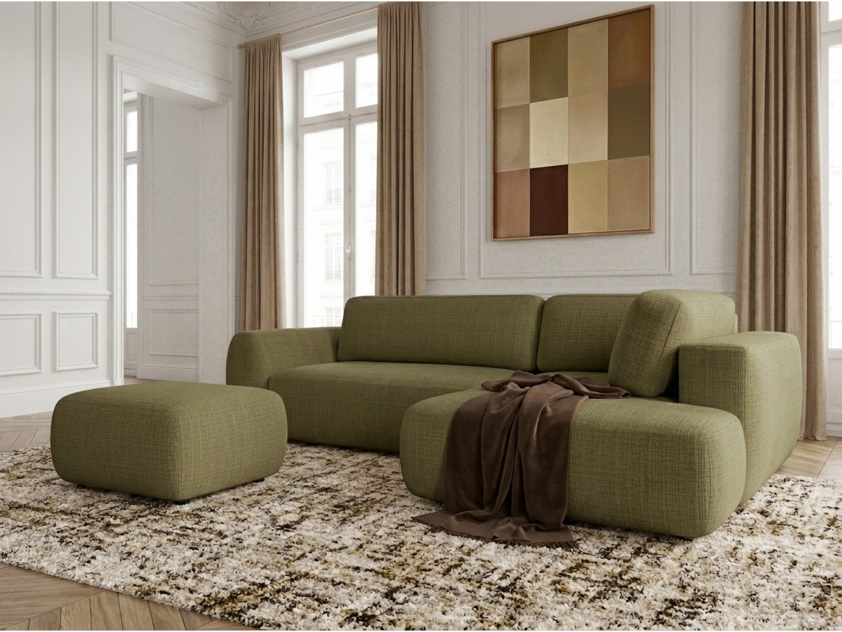 Canapé angle L convertible coffre DENISE tissu texturé avec pouf