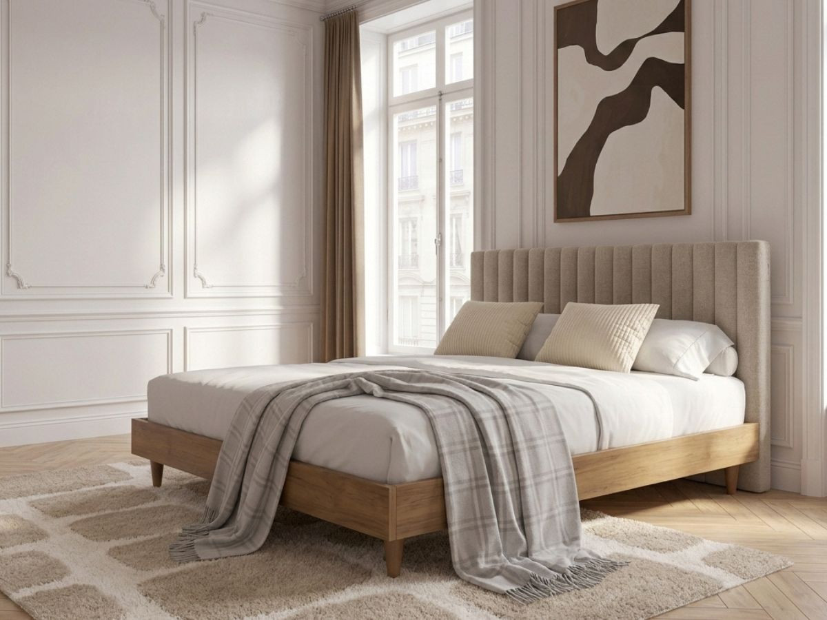 Lit OCEANE avec lattes massives beige — vue 6