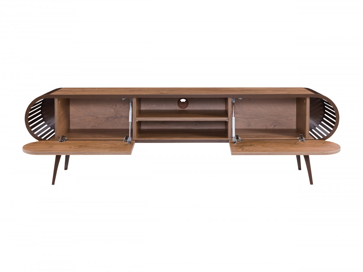 Meuble TV 2 portes 2 niches 180 cm BILLIE effet bois et métal