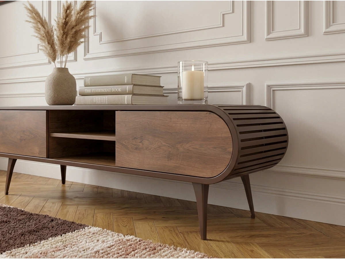 Meuble TV 2 portes 2 niches 180 cm BILLIE effet bois et métal — vue 6