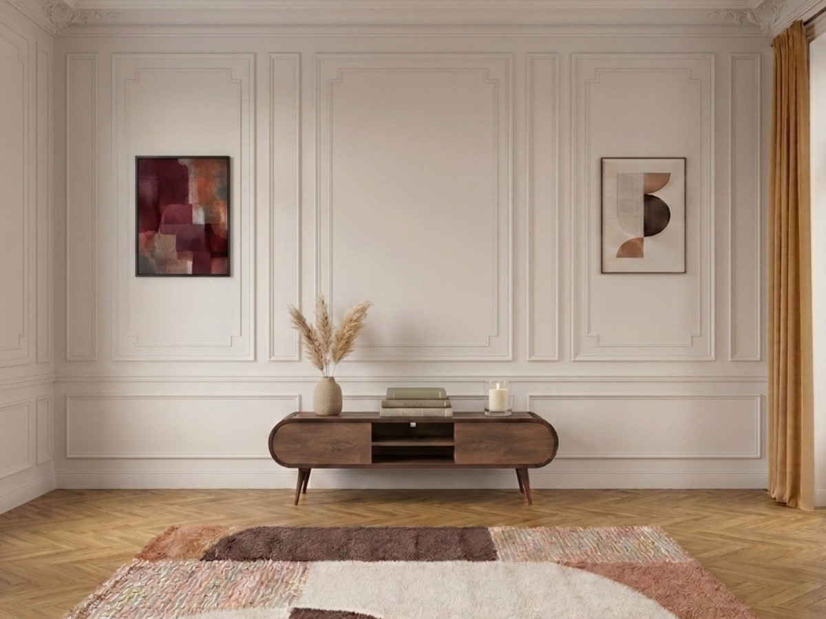 Meuble TV 2 portes 2 niches 180 cm BILLIE effet bois et métal