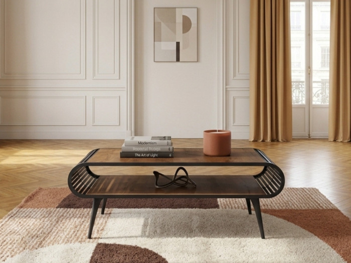 Table basse avec niche 120 cm BILLIE effet bois et métal