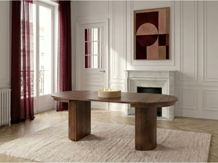 Table à manger ronde extensible 120 à 204 cm PRADO placage chêne massif avec rangements