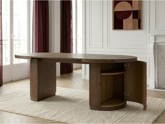 Table à manger ronde extensible 120 à 204 cm PRADO placage chêne massif avec rangements