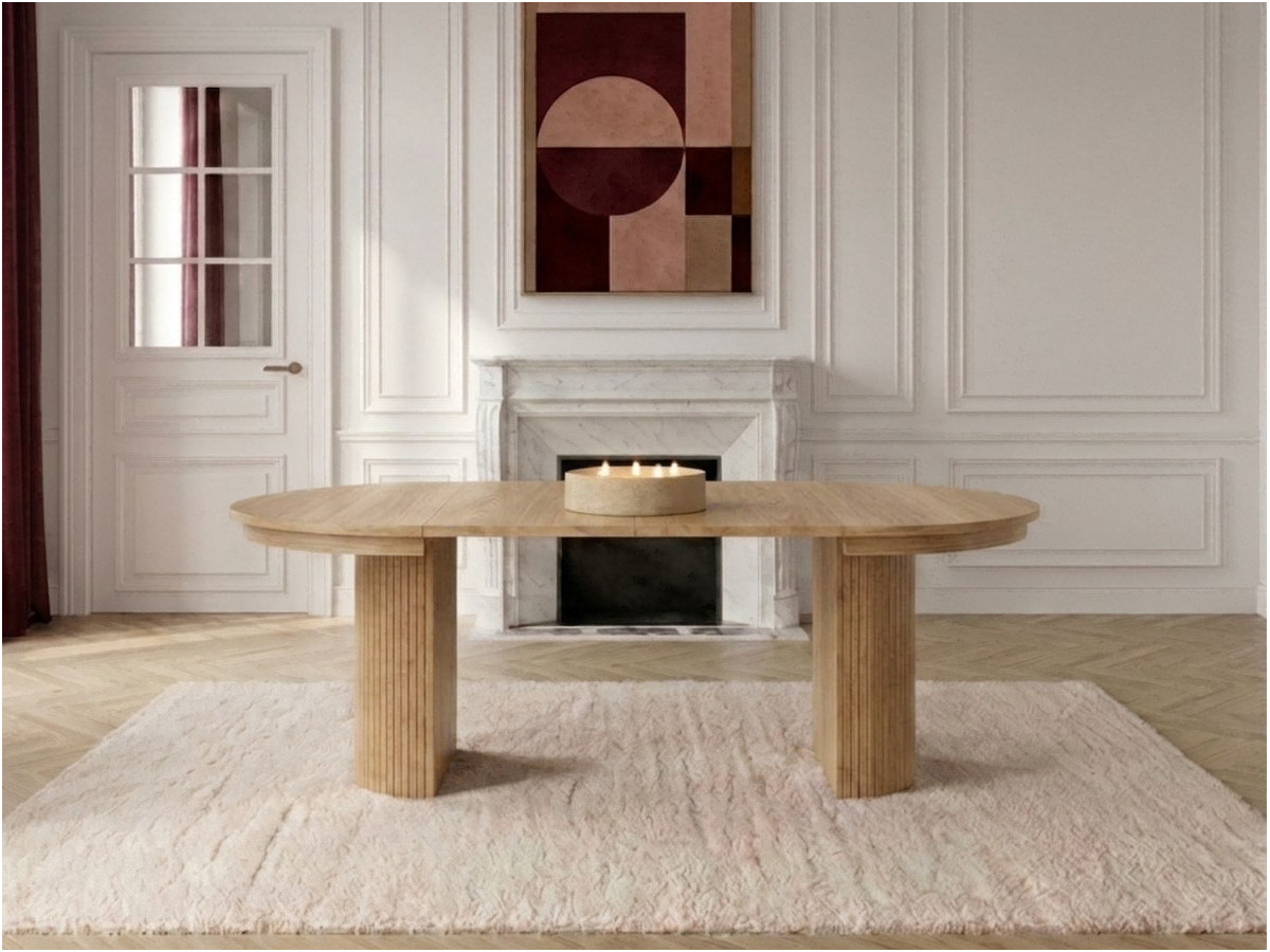 Table à manger ronde extensible 120 à 204 cm PRADO placage chêne massif avec rangements