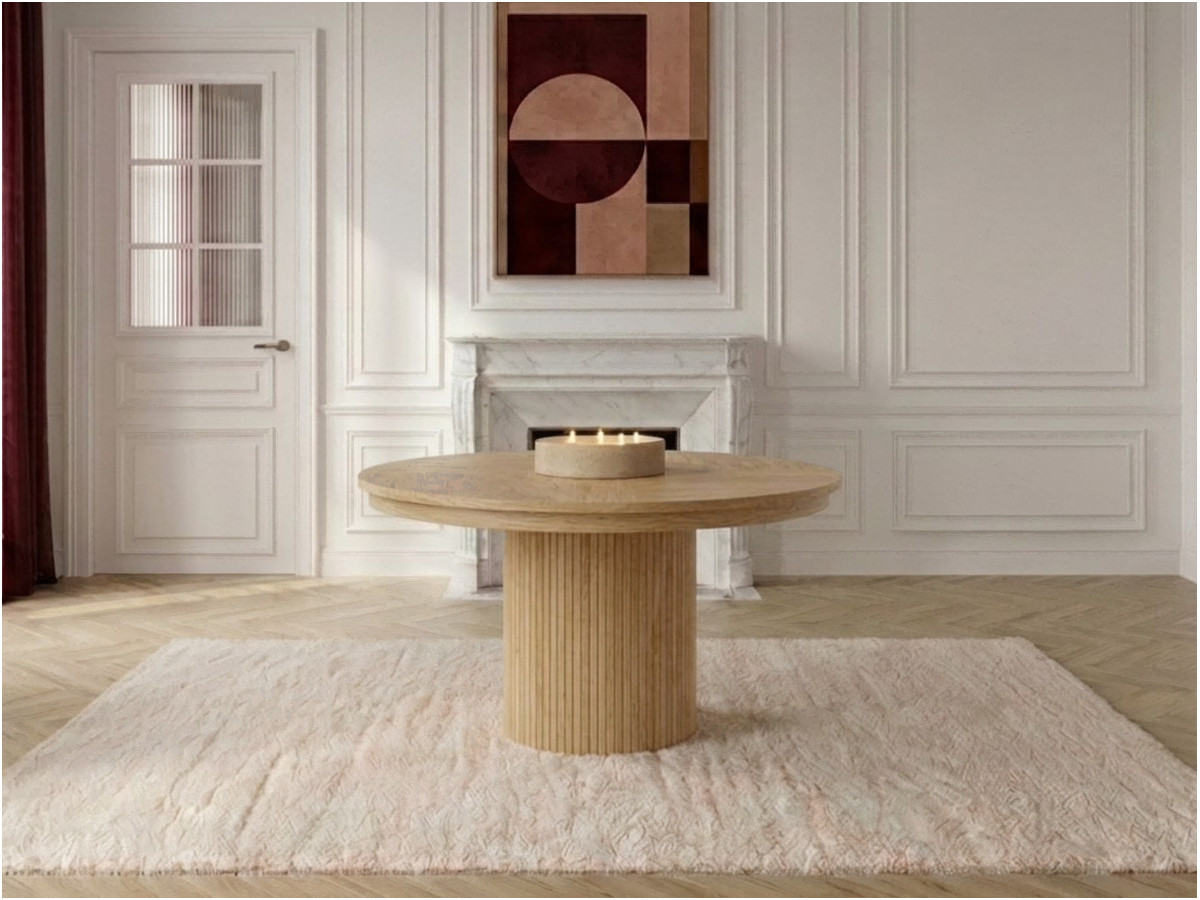 Table à manger ronde extensible 120 à 204 cm PRADO placage chêne massif avec rangements