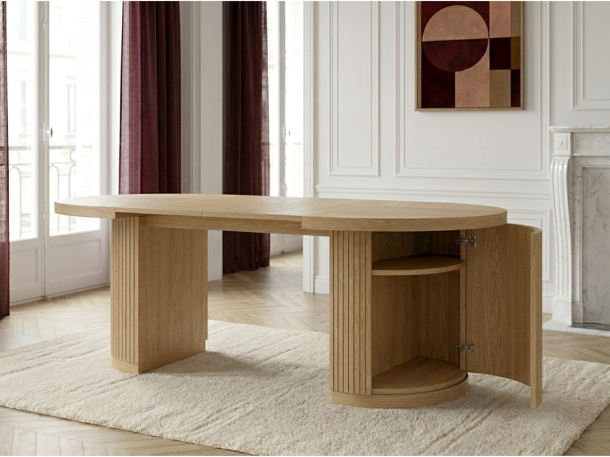 Table à manger ronde extensible 120 à 204 cm PRADO placage chêne massif avec rangements