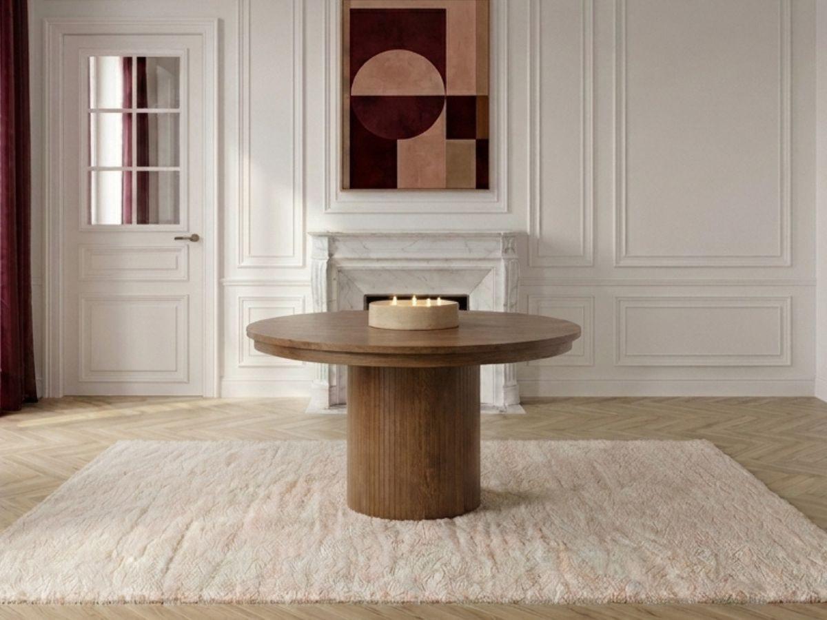 Table à manger ronde extensible 120 à 204 cm PRADO placage chêne massif avec rangements