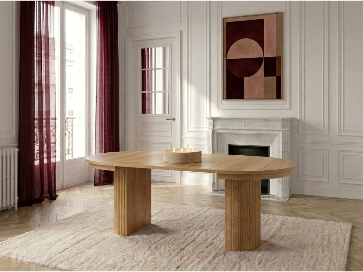 Table à manger ronde extensible 120 à 204 cm PRADO placage chêne massif avec rangements
