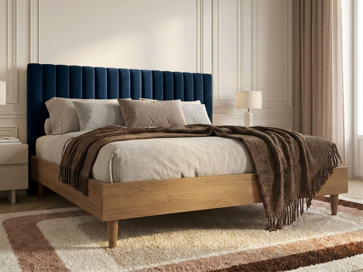 Lit OCEANE velours lattes massives bleu foncé — vue 5