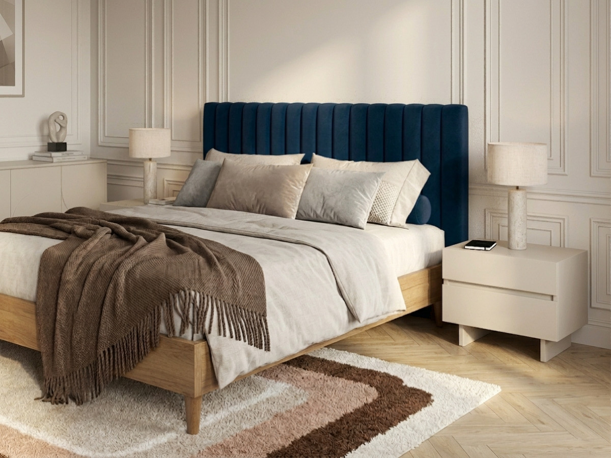Lit OCEANE velours lattes massives bleu foncé — vue 4