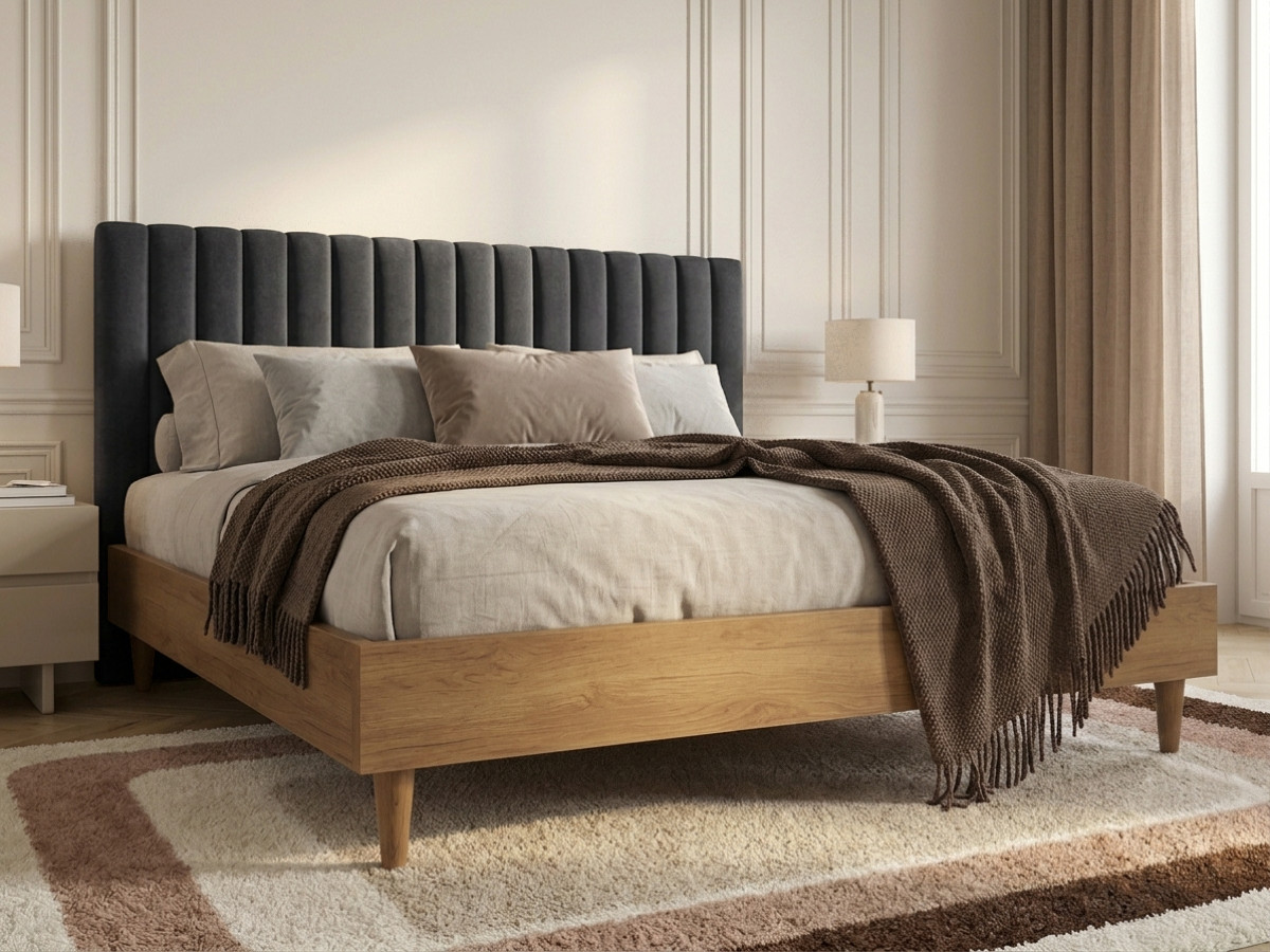 Lit OCEANE velours lattes massives gris foncé — vue 5