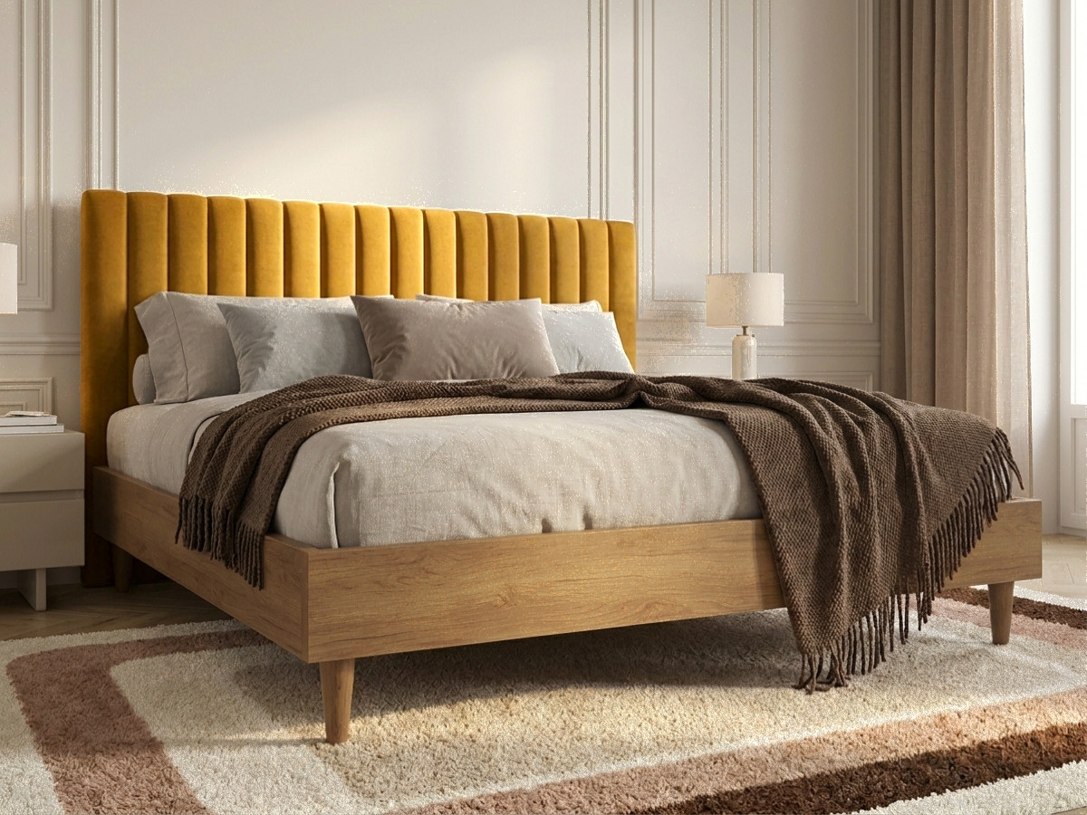 Lit OCEANE velours lattes massives jaune — vue 5