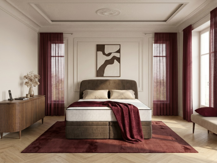 Ensemble avec lit coffre boxspring VELORA velours lisse + matelas NICE