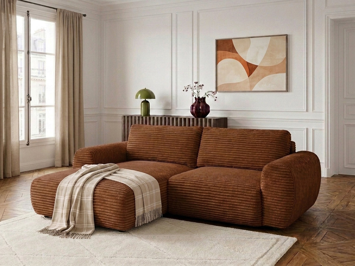 Canapé d'angle compact convertible coffre LUCIEN gros côtelé doux