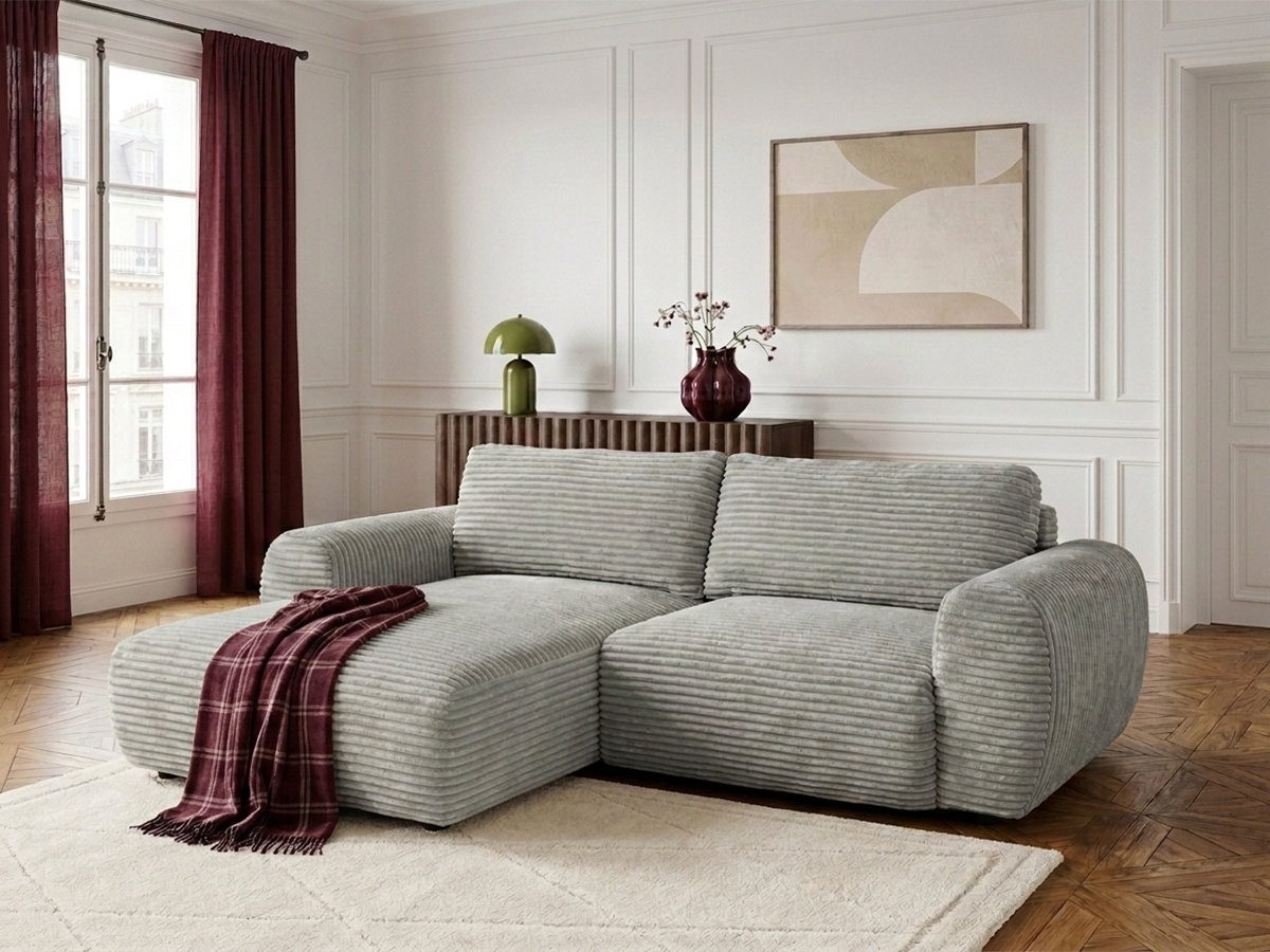 Canapé d'angle compact convertible coffre LUCIEN gros côtelé doux gris clair angle gauche BOBOCHIC 2,5 places