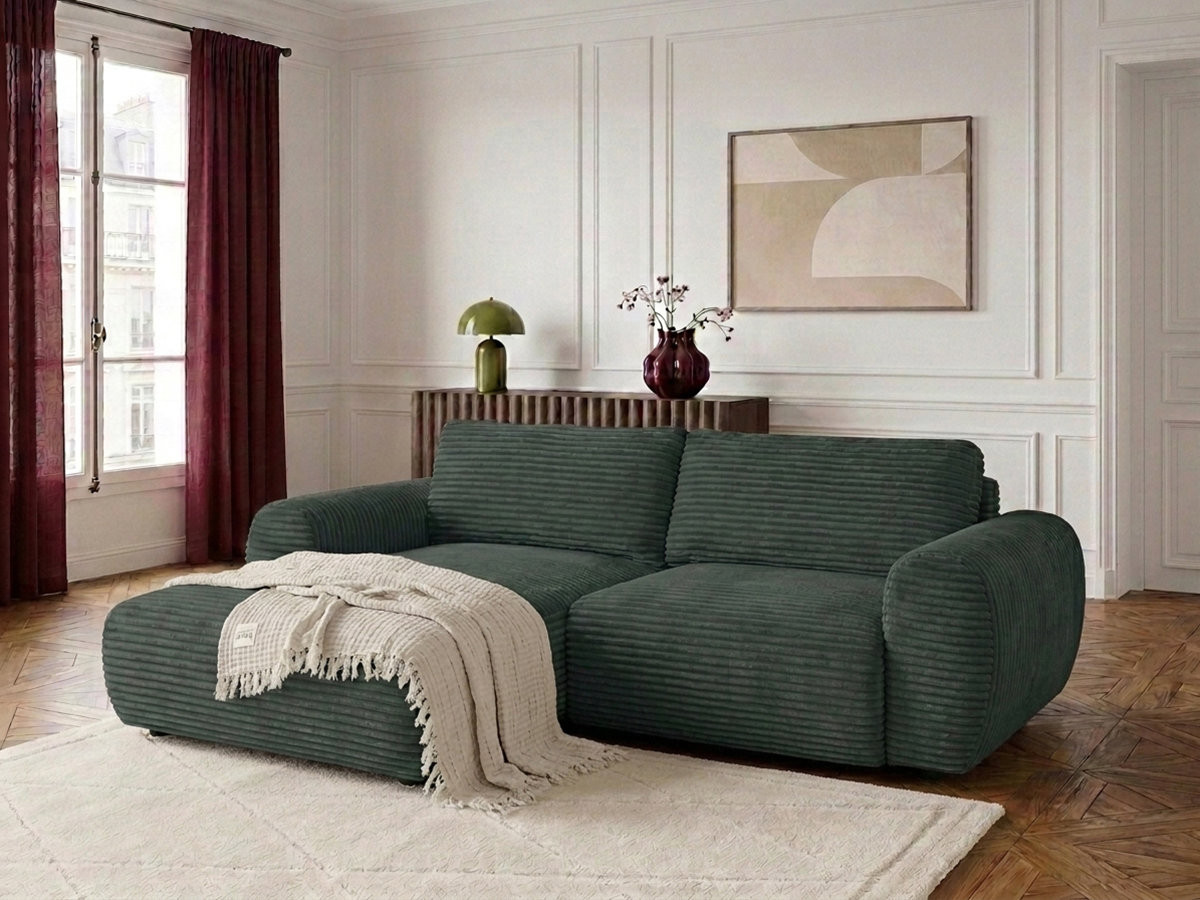 Canapé d'angle compact convertible coffre LUCIEN gros côtelé doux vert