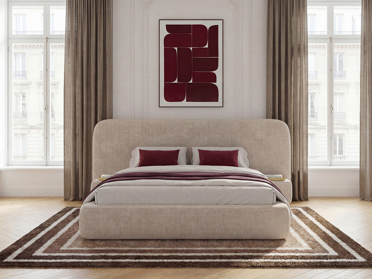 Ensemble avec lit coffre AURAE avec chevets intégrés + matelas hybride beige