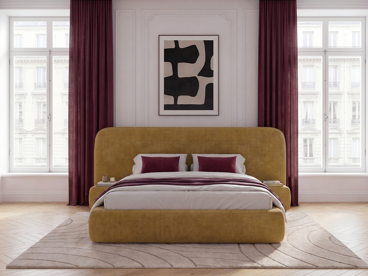 Ensemble avec lit coffre AURAE avec chevets intégrés + matelas hybride jaune