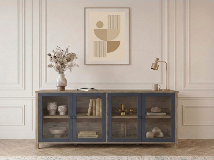 Buffet 3 portes 142 cm LEXIE effet bois et verre trempé