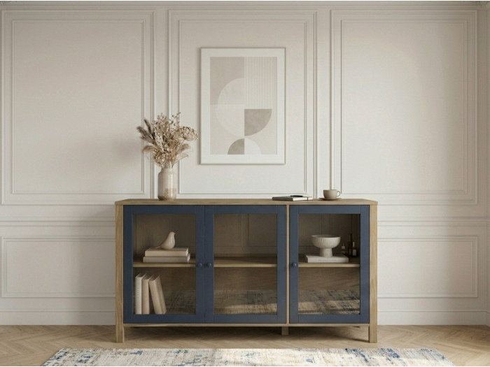 Buffet 3 portes 142 cm LEXIE effet bois et verre trempé