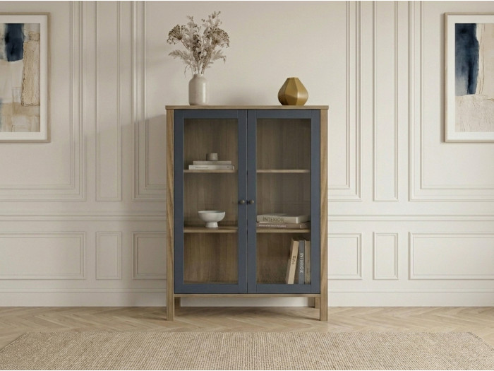 Buffet haut 2 portes 90 cm LEXIE effet bois et verre trempé
