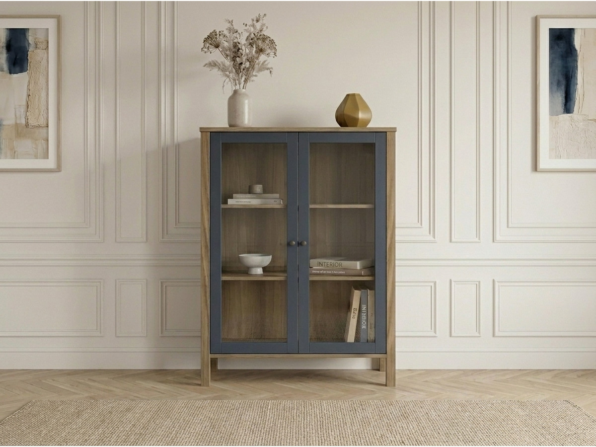 Buffet haut 2 portes 90 cm LEXIE effet bois et verre trempé