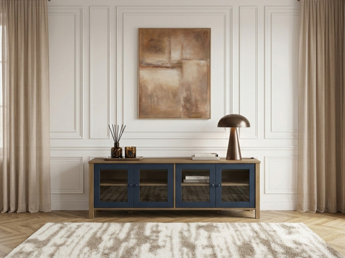 Buffet haut 2 portes 90 cm LEXIE effet bois et verre trempé