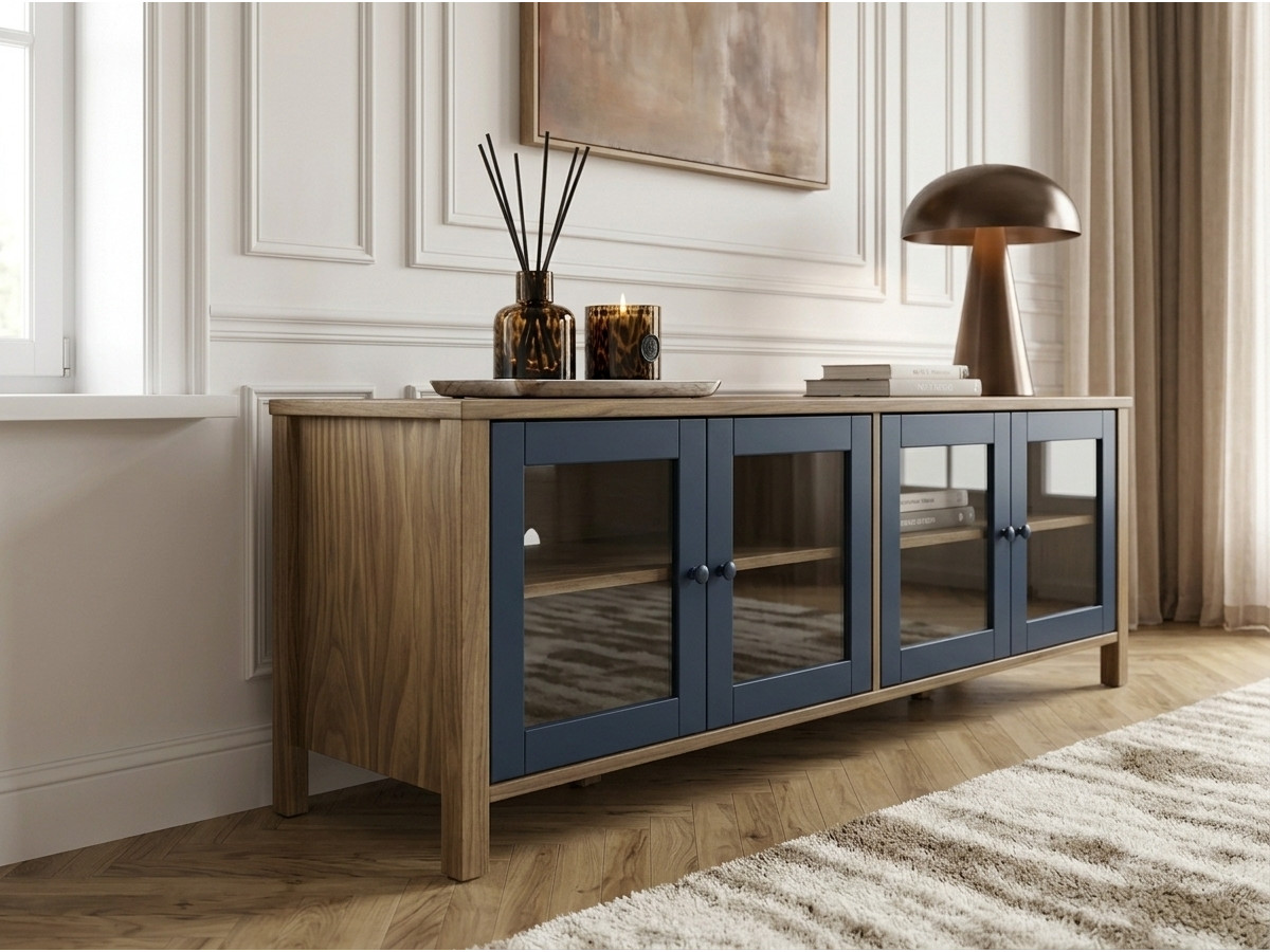 TV-meubel met 4 deuren 150 cm LEXIE houteffect en gehard glas