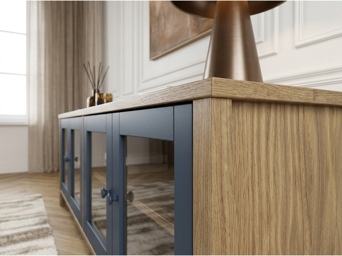 Meuble TV 4 portes 150 cm LEXIE effet bois et verre trempé — vue 6