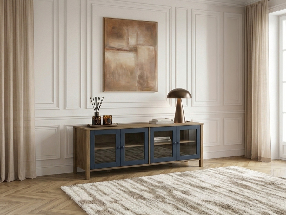 TV-meubel met 4 deuren 150 cm LEXIE houteffect en gehard glas