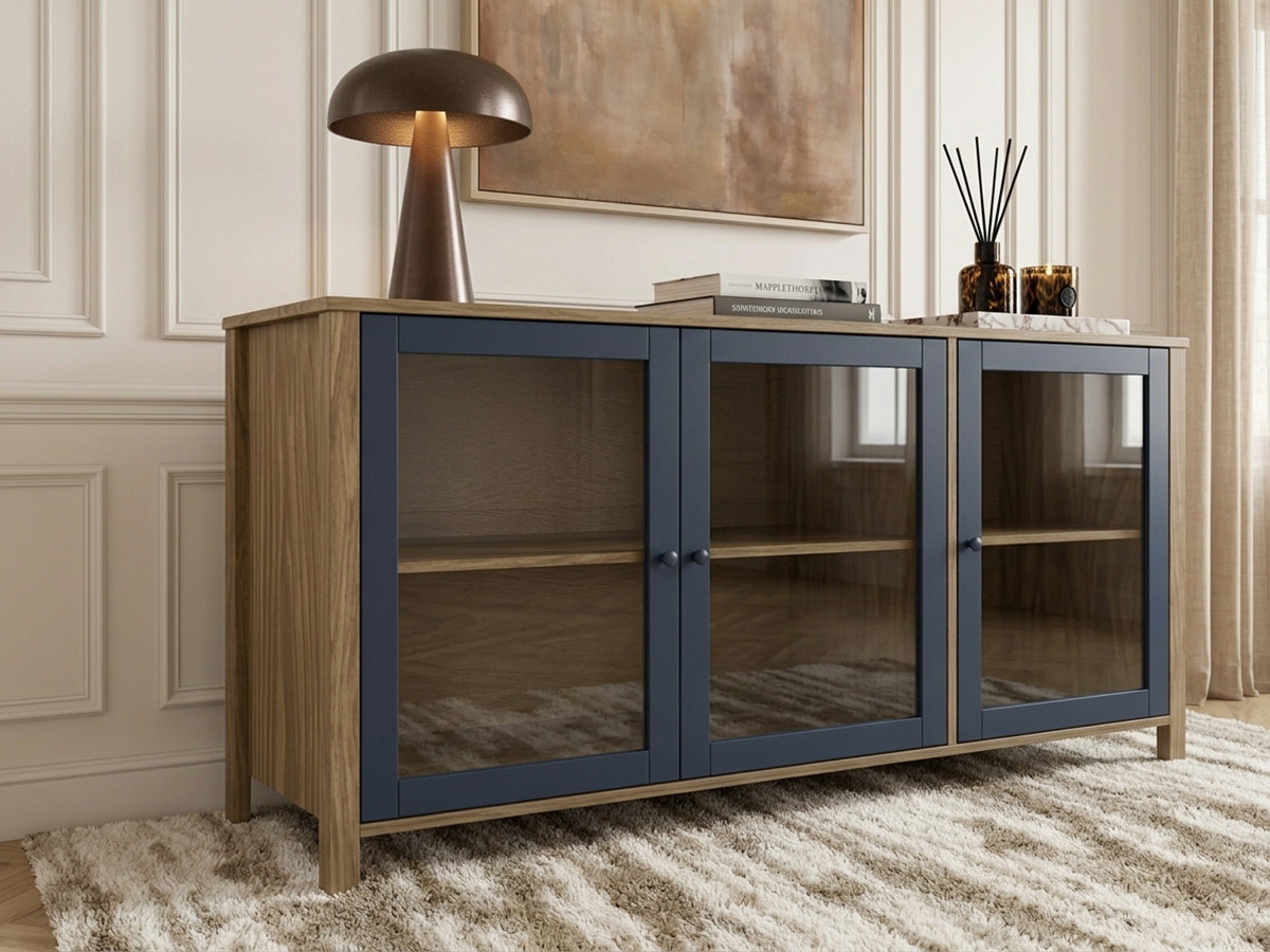 Dressoir met 3 deuren 142 cm LEXIE houteffect en gehard glas